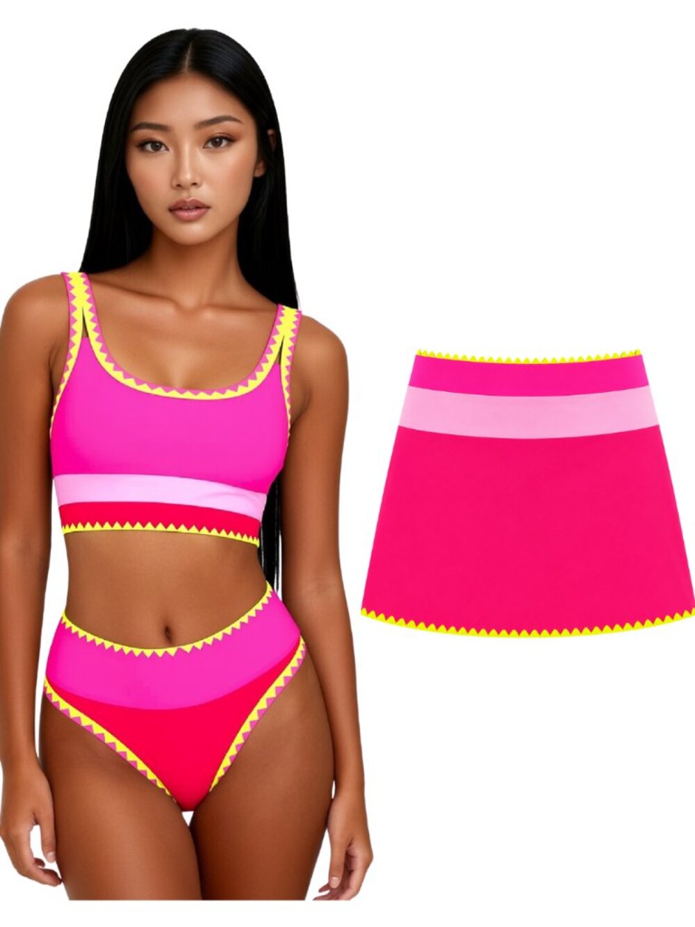 POPVIL Large Pink/Red 3 Piece High Waisted Bikini with Skirt Tummy Control NWT